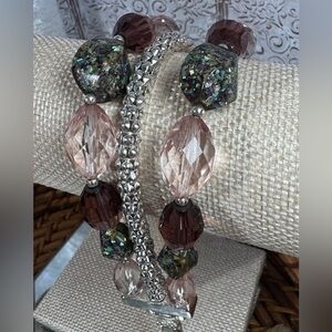 Pink Silver Confetti Beaded Layered Chain Bracelet